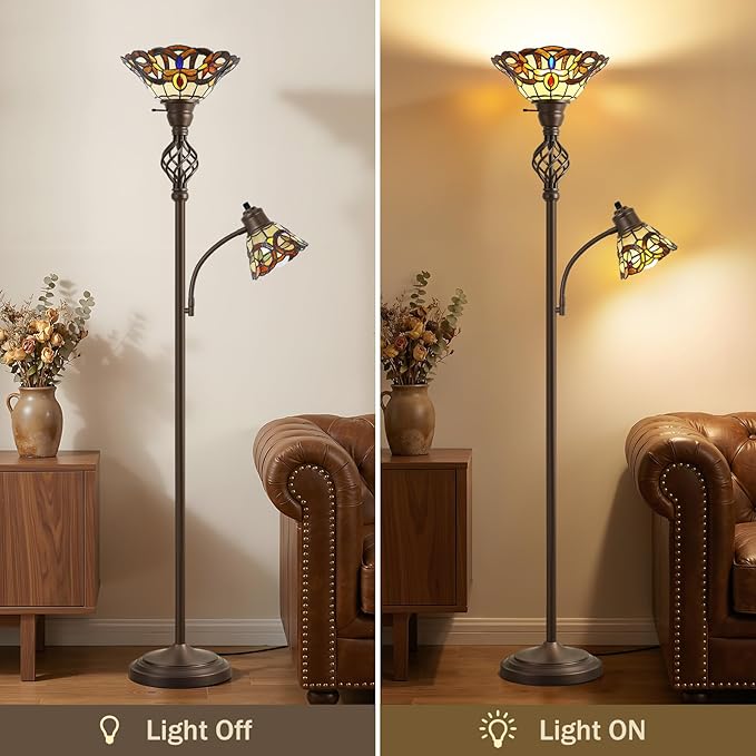 GyroVu Tiffany Floor Lamp, Torchiere Floor Lamps with Stained Glass Shade, 70" Tall Standing Lamp with Adjustable Gooseneck Reading Lamp for Living Room Bedroom Office, Bulbs Included