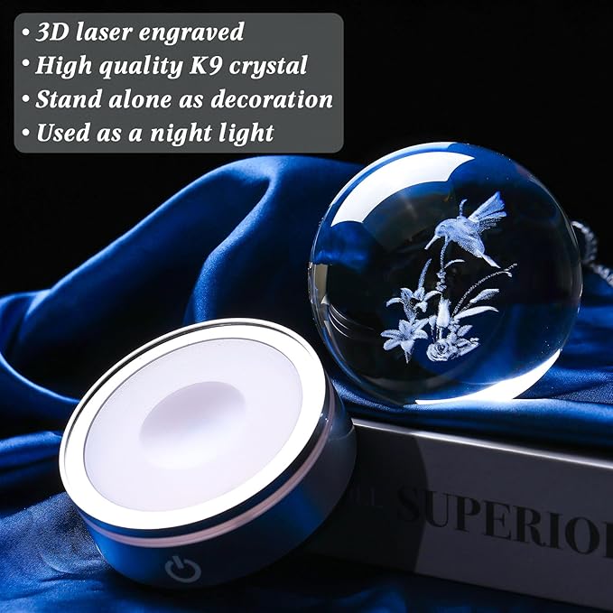 Movdyka 3D Crystal Ball Hummingbird Gifts for Women Men Glass Humming Bird Ornament Figurine Home Decor with Colorful LED Base for Hummingbird Lovers Nature Lovers - 3.15"/8CM