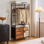 Clothes Rack, Heavy Duty Garment Rack for Hanging Clothes, Industrial Clothing Racks with Shelves, 2 Fabric Drawers, 4 Hooks, 1 Hanging Rods Rustic Brown YD-TM080H