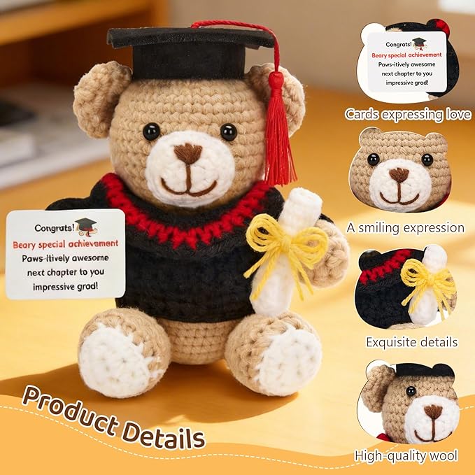 Crochet Graduation Bear 2026, Handmade Knitted Teddy Bear with Cap, Graduation Gifts 2026 for Him Her, Emotional Support Crochet Animal for College High School Graduate Student Daughter Son Friend
