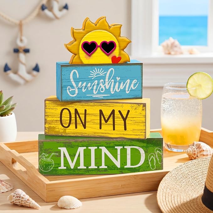 Lineshading 4 Pcs Summer Table Decor Wooden Sunshine Beach Tiered Tray Decor Rustic Farmhouse Sunshine Block Signs Gifts Summer Table Centerpieces for Home Kitchen Coffee Bar Shelf Office Decorations