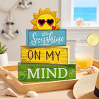 Lineshading 4 Pcs Summer Table Decor Wooden Sunshine Beach Tiered Tray Decor Rustic Farmhouse Sunshine Block Signs Gifts Summer Table Centerpieces for Home Kitchen Coffee Bar Shelf Office Decorations