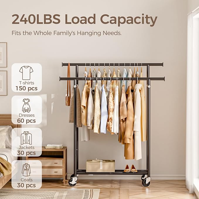 Clothes Rack, Double Rods Rolling Clothing Rack for Hanging Clothes, Portable Garment Rack with Wheels, Coat Rack Wardrobe Closet Load 240 LBS for Bedroom Laundry Room, Black