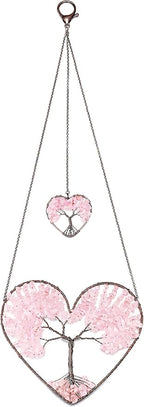 JOVIVI Tree of Life Feng Shui Crystal Heart Hanging Ornament Rose Quartz Gemstones Healing Stones Yoga Meditation Window Wall Hanger for Home Wedding Decor