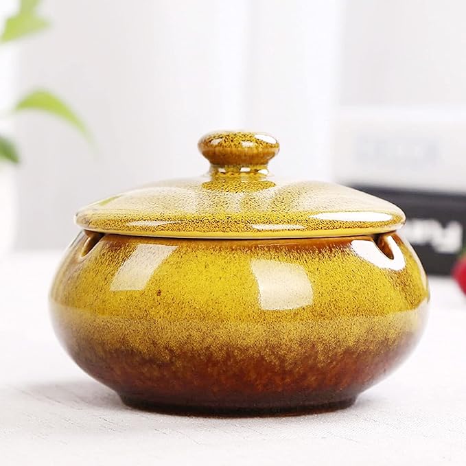 Lependor Ceramic Ashtray with Lids, Windproof, Cigarette Ashtray for Indoor or Outdoor Use，Ash Holder for Smokers,Desktop Smoking Ash Tray for Home Office Decoration - Yellow