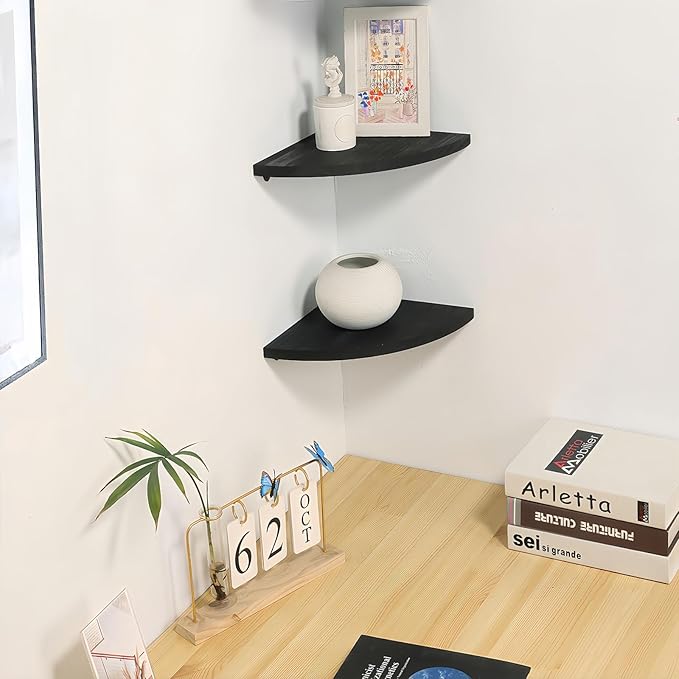JORIKCHUO 12 inch Corner Shelf, Set of 2 Solid Wood Corner Floating Shelves for Wall, Round End Wall Mounted Floating Shelf for Bedroom, Living Room and Kitchen (Black-12 inch)
