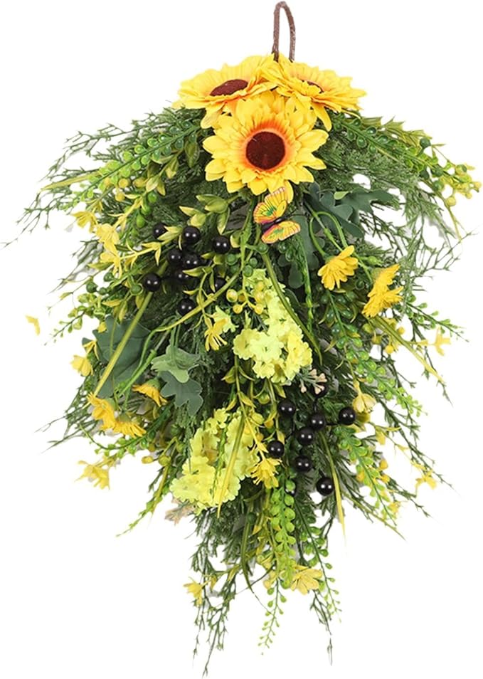 Artificial Flower Teardrop Swag Wreath Handmade with Sunflower Hyacinth Garland Simulation Flowers Hanging Plant Decorative Welcome Sign Suitable for