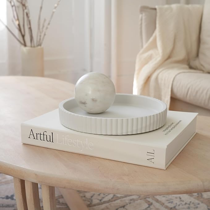 Decorative Concrete Tray & Book Decor Set - Scalloped Tray & Linen Box Enhance Your Coffee Table or Bookshelf Decor - Stylish Home Decoration for Your Living or Dining Room & as a Housewarming Gift