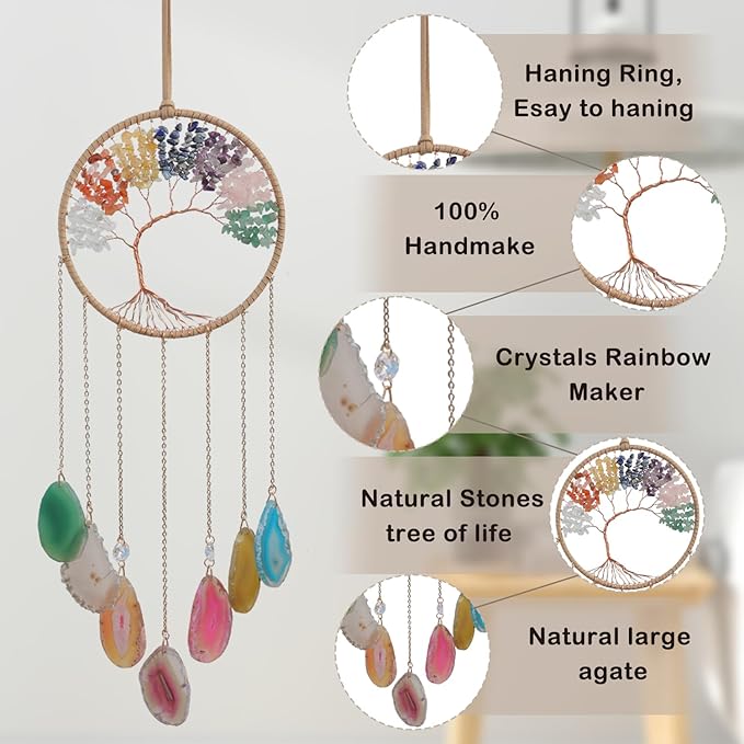 7 Chakra Crystal Tree of Life - Dreamsum Moon Dream Catchers with Chakra Agate Stone, Crystal Tree Life Wind Chimes Wall Hangings Decor for Bedroom Wedding Party Festival Blessing Gift