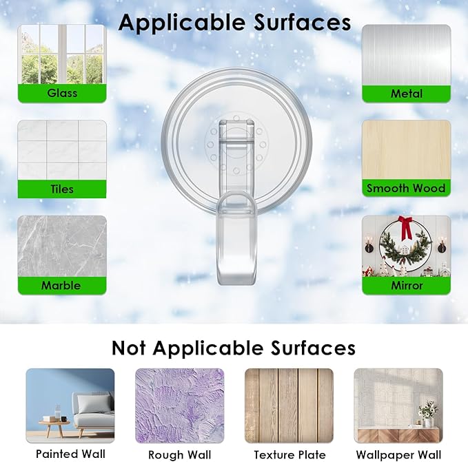 Wreath Hanger, Heavy Duty Suction Cup Hooks for Front Door, Plastic Clear Hooks for Halloween Christmas Wreaths, Welcome Sign, Glass Door, Tile Wall