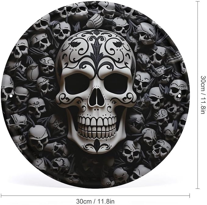 Wall Picture, with Black and White Skulls Printed Circular Iron Hanging Picture,Wall Art Decor,Home for Bedroom Living Room Bathroom Decor,Iron Painting 11.8X11.8 in