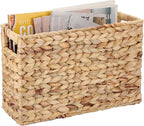 BTSKY Woven Magazine Holder, Water Hyacinth Magazine Basket, Natural Narrow Storage Basket Bin for Books & Files, Magazine Rack with Built-in-Handle for Home, Office & Desk - 15.4x5.5x9.8 Inch
