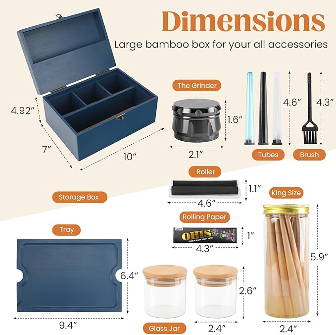 Large Bamboo Storage Box with Removable Tray Kit - Decorative Box Set, Glass Jars, and Accessories Wooden Storage Kit and Accessories Tool.Birthday Gifts