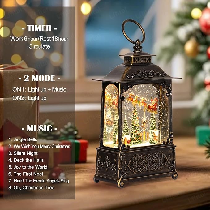 Christmas Snow Globes Church Snow Globe Lantern, Lighted Christmas Decorations Indoor for Home with Music Timer Glitter, Santa Claus Reindeer, Home Decor, USB & Battery Operated 10.4 inch