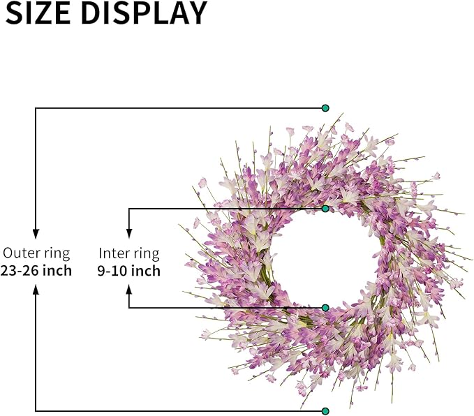 24 Inch Artificial Purple Forsythia Flower Wreath, Lavender Silk & Paper Bridal Floral Wreath for Front Door, Romantic Spring Summer Decor, Elegant All Season Farmhouse Porch Wall Decoration