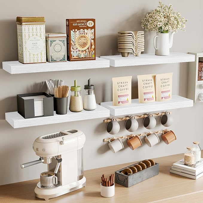 Fixwal White Shelves for Wall, 15.7in Rustic Wood Finish Floating Wall Shelves Set of 4, Shelves for Wall Decor, with Invisible Brackets for Bathroom, Living Room,Bedroom and Kitchen