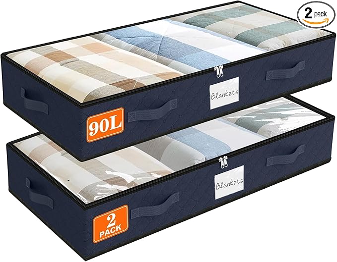 SpaceWhisper 90L Under Bed Storage Containers, 2-Pack Storage Bins with Clear Top, Foldable Closet Organizers and Storage with Label Holder for Clothing, Blankets, Comforter & Pillows(Blue)