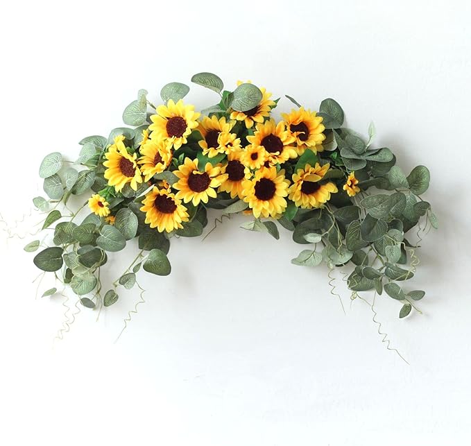 Artificial Sunflower Swag, 30Inch Decorative Flower Swag with Green Leaves Hanging Ornament Floral Swag Door Swag for Door Wedding Party Decoration