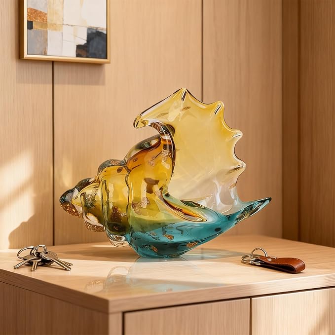DOVDOV Hand-Blown Glass Conch Sculpture, Coastal Home Decor Conch Horn, Glass Art Seashell Ornament, Office, Living Room Tabletop Centerpiece, Bathroom Shelf top and Cabinet Decoration.
