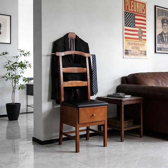 Chair Valet With Drawer,Wooden Suit Valet Stand With Contour Hanger,Trouser Bar and Tie & Belt Bar, 18" W x 23" D x 44" H,Natural wood color