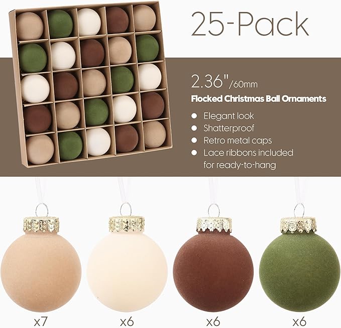 Sea Team 25-Pack Flocked Velvet Christmas Tree Ball Ornaments Set, Decorative Hanging Baubles, Shatterproof Plastic Decorations for Xmas Tree, Wreath, Garland, 60mm/2.36 Inches, Prairie Fall