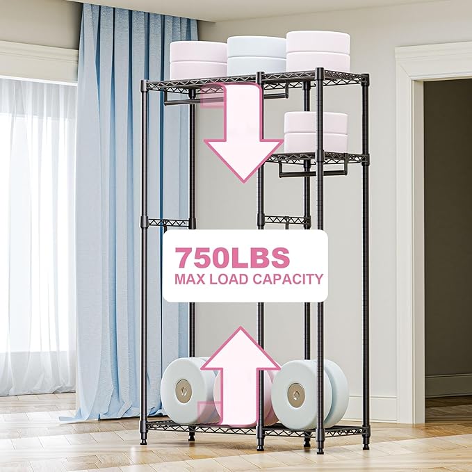 Heavy Duty Rolling Garment Rack 3 Tiers Adjustable Wire Shelving Clothes Rack with 3 Rods and Side Hooks,Storage Closet Clothing Rack Black 15.7" D x 43.3" W x 76.5" H
