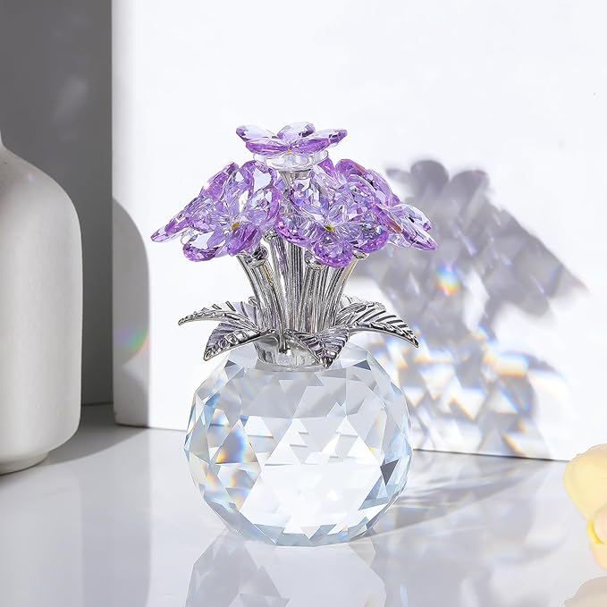 Arikyrist Crystal Forget-Me-Not Bouquet Figurines Gifts for Women Purple Flowers Collectible Decoration for Living Room Romantic Presents for Her Wife Mom Anniversary Birthday