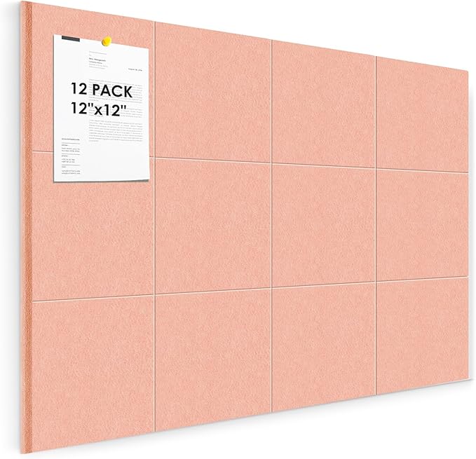 Large Cork Board for Walls 48"x36" |Cork Board Alternative| 12 Pack Felt Wall Tiles| Pink Bulletin Board with Removable Adhesive | Cork Boards Pinboard for Office Home Classroom，Pink