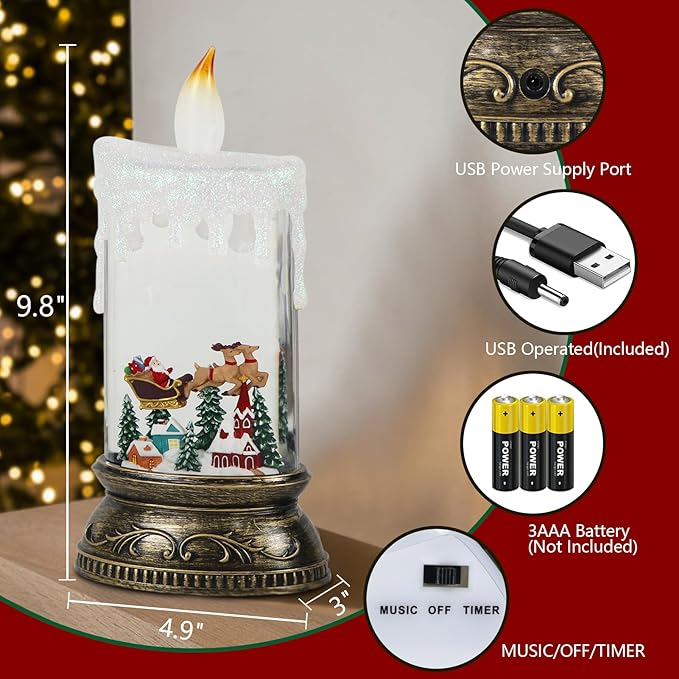 Eldnacele Christams Music Snow Globe Lantern with 6H Timer, Battery Operated & USB Powered Lighted Snowman Sleigh Deer Singing Snow Globe Candle Lamp Spinning Water Glitters Festival Gift Xmas Decor