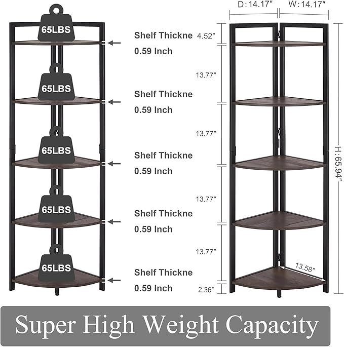 FATORRI Rustic Tall Corner Shelf, 5 Tier Industrial Corner Bookshelf for Living Room, Dark Wood and Metal Corner Plant Stand for Home Office (Walnut Brown)
