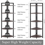 FATORRI Rustic Tall Corner Shelf, 5 Tier Industrial Corner Bookshelf for Living Room, Dark Wood and Metal Corner Plant Stand for Home Office (Walnut Brown)