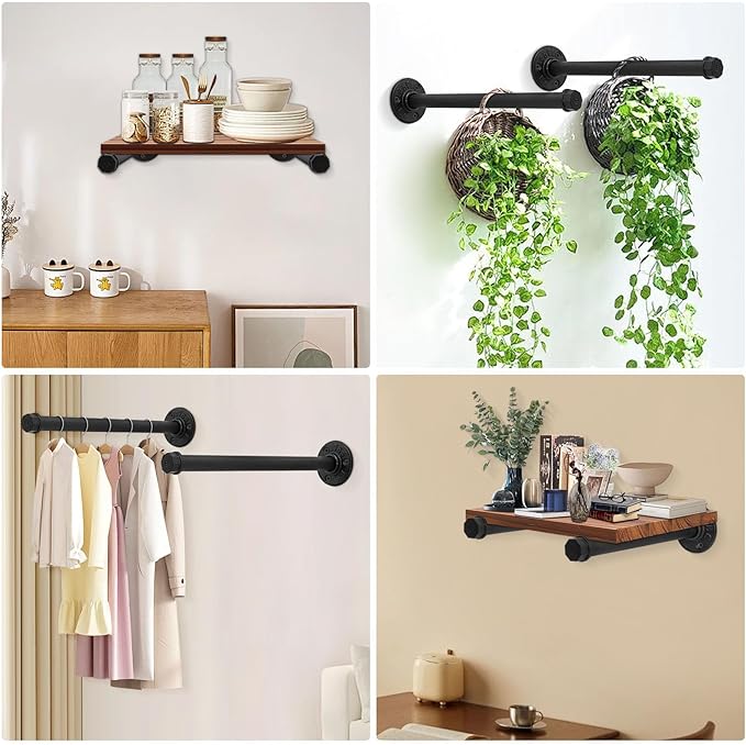 2 Pcs 12 Inch Industrial Pipe Clothes Rack DIY Wall Mounted, Heavy Duty Rustic Vintage Clothing Rod, Metal Garment Bar Multi-Purpose Hanging for Bedroom, Bathroom, Cabinet and Laundry Room