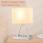 Briever Touch Control Table Lamp, 3-Way Dimmable Desk Lamp with USB C & A and AC Outlet, Bedside Lamp with Phone Stand and Fabric Shade for Bedroom, Living Room, Bulb Included, Silver