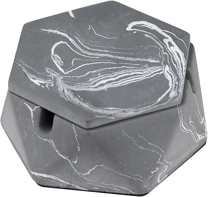 FREELOVE Concrete Ashtray with Lid & Stainless Steel Ashtrays for Cigarettes, Cement Ash Tray Smoking Holder Indoor Smokeless Outdoor Windproof Patio Home Office Cool Decor(Grey-White, Small)