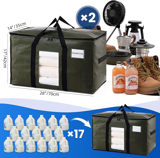 TAILI 2 Pack Green Extra Large Storage Bags, Heavy Duty Totes with Visible Window, Wrap Around Handles, Perfect for Moving