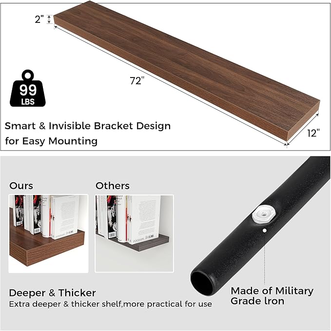 Venusmiles Floating Shelves for Wall, 72 Inch Wide x 12 Inch Deep Floating Shelves, Long Wood Floating Wall Shelf Shelves for Living Room Bathroom Bedroom Kitchen Home - (Walnut, 72" W x 12" D x 2" H)