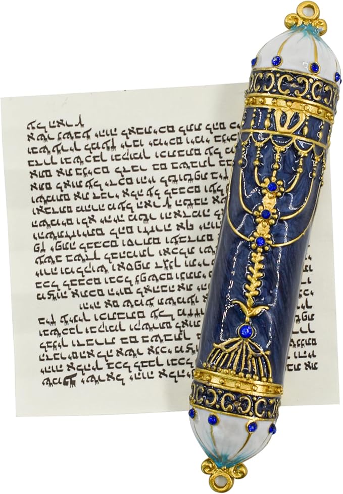 Mezuzah with Scroll for Door, Enamel&Zinc Alloy Blessing Mezuzah Case for Door, Colored Painted Mezuzha Scroll Kosher for Jewish Gifts/Jewish Decor, Christmas (Blue, 5 * 0.86 in)