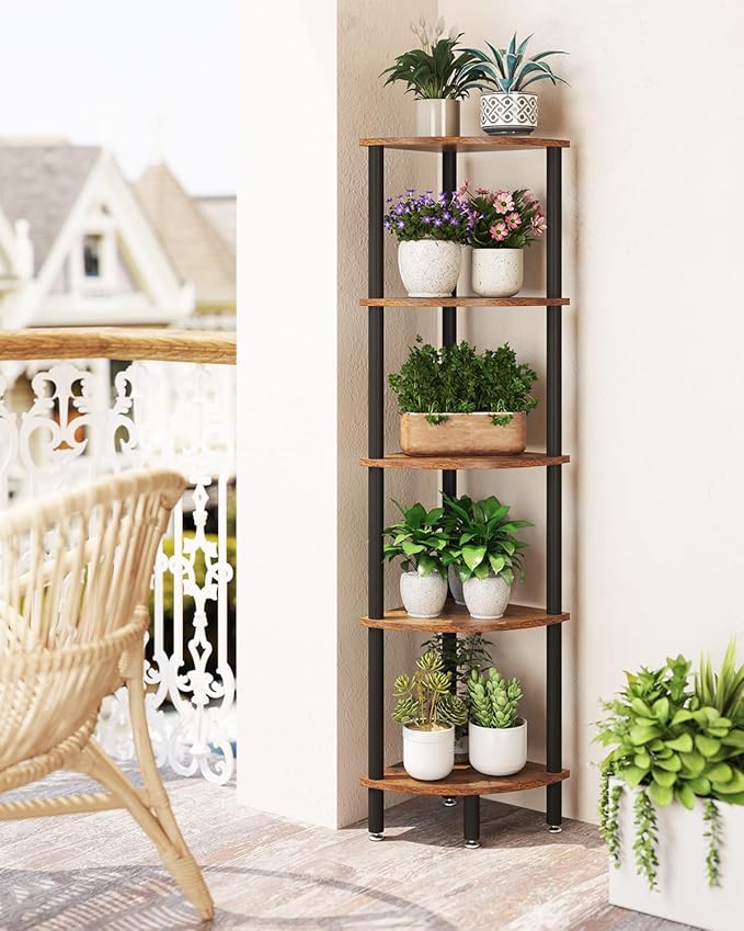 IBUYKE 5 Tier Corner Shelf Stand,Industrial Corner Display Rack,Corner Bookshelf for Living Room, Bedroom, Kitchen, Home Office, Brown WBC010H