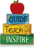 Yuntau 4 Pcs Teacher Appreciation Gift Wooden Apple Table Decoration Guide Teach Inspire Block Sign Apple Tiered Tray Decor Graduation Back to School Teachers Gift for Office Classroom