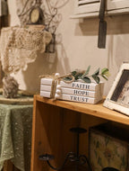 3 Pieces Wooden Decorative White Books, Rustic Farmhouse Faux Books for Coffee Table Shelves with Wood Bead Tassels and Leaves, 7'x 4.6'x 2.5' (Faith, Hope, Trust)