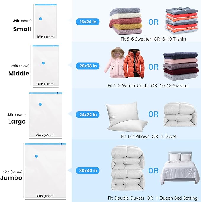 20Pack Thickened Space Saver Vacuum Storage Bags for Clothes with Hand Pump, (5 Jumbo+5 Large+5 Medium+5 Small) Vacuum Sealed Bags for Clothing, Comforters and Blankets
