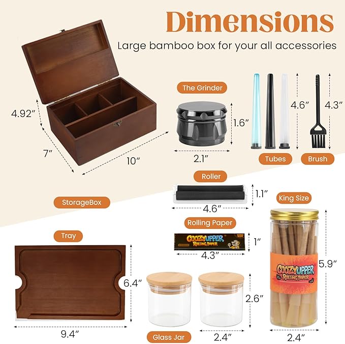 Large Bamboo Storage Box with Removable Tray Kit - Decorative Box Set, Glass Jars, and Accessories Wooden Storage Kit and Accessories Tool.Birthday Gifts