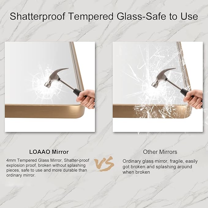 LOAAO 30”X36” Gold Bathroom Mirror, Rounded Rectangle Gold Frame Mirror, Brushed Gold Bathroom Vanity Mirror Wall-Mounted, Anti-Rust, Tempered Glass, Hangs Horizontally or Vertically