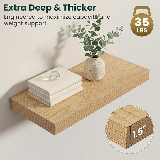 Floating Shelves for Wall 24 in x 9.3 in Deep, Wall Mounted Rustic Wood Shelf with Invisible Brackets for Storage & Display, Living Room Bedroom Bathroom, Oak, 2 Pack