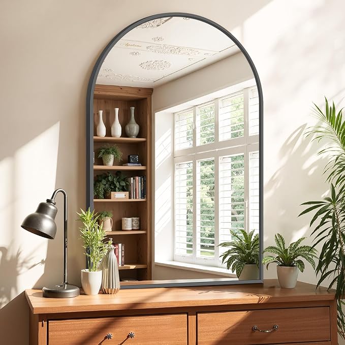 Bathroom Mirror for Wall, 38x26 Inch Arched Mirror, Matte Black Metal Framed Bathroom Vanity Mirror for Restroom Farmhouse, Anti-Rust, Tempered Glass, Hanging or Leaning