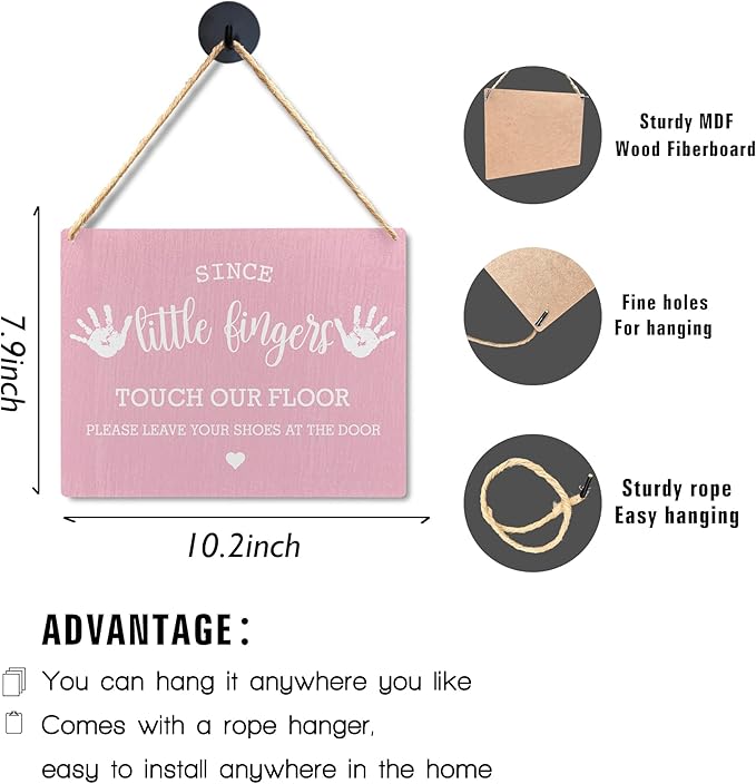 Wall Pediments Shoes Off Sign,Shoes Off Sign for Front Door,Since Little Fingers Touch Our Floor Door Sign,Please Take Your Shoes Off Sign,Shoes Off Hanging Welcome Sign for Front Door(pink)