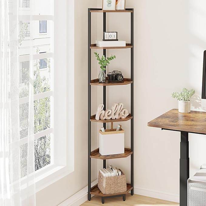 Hzuaneri Corner Shelf Stand, Corner Bookshelf, Storage Standing Shelf Unit with Metal Frame, Plant Stand, Bookcase for Living Room, Home Office, Bedroom, 6-Tier Rustic Brown CS06001B