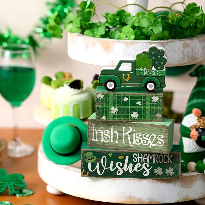 Lineshading 4 Pcs St. Patrick's Day Table Decoration Wooden Shamrocks Truck St Patrick's Day Tiered Tray Decor Irish Table Centerpiece for Saint Patty's Party Farmhouse Home Kitchen Decor