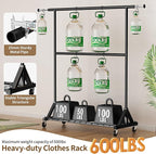 Luxspire Heavy Duty Clothes Rack Load 600 LBS, Double Rod Clothing Rack, Rolling Garment Racks with Lockable Wheels, Shelves, Adjustable Laundry Hanging Racks for Clothes, Black