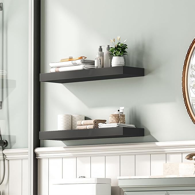 HOOBRO Floating Shelves for Wall, Wall Mounted Shelf Set of 2, 23.6" Hanging Shelf with Invisible Brackets, for Wall Decor Storage in Bathroom Bedroom Kitchen Living Room Office, Black BK60BJ01